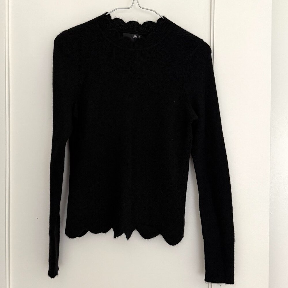 AQUA Scalloped Black Cashmere Turtleneck - Size S